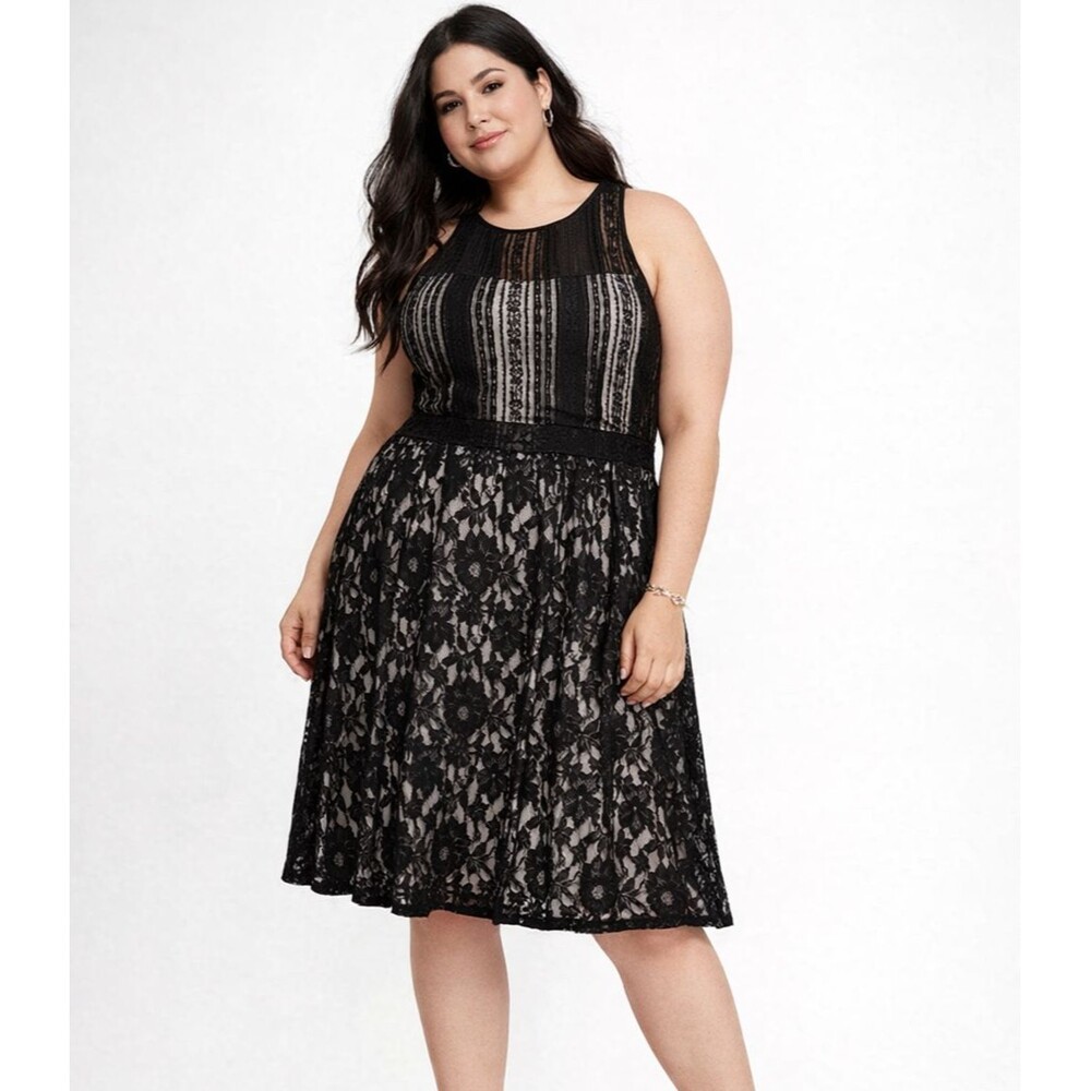 Lane Bryant Womens Mixed Lace Fit&Flare Dress Sz 22 Black Stretch Party Wedding